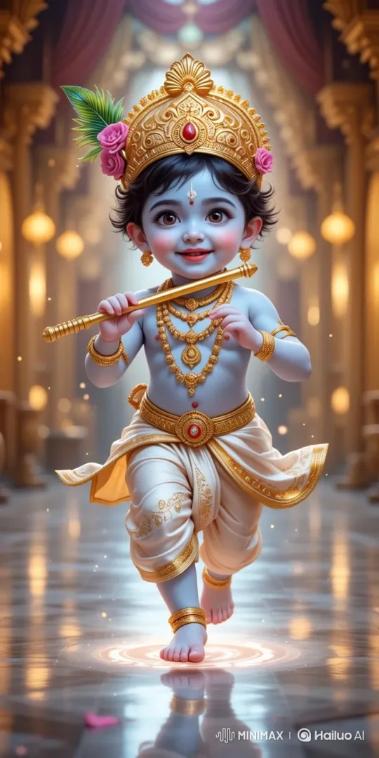 Divine Child in Golden Hall with Flute and Light Play – AI Generated Video | Hailuo AI