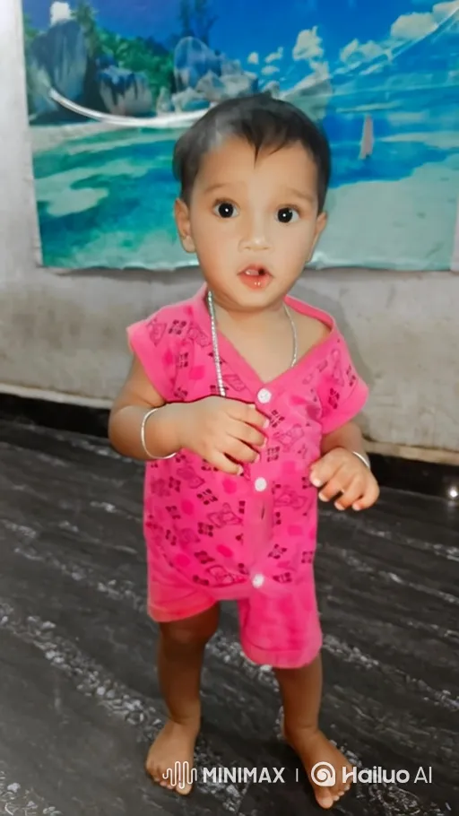 Toddler in Pink Romper Smiles at Camera – AI Generated Video | Hailuo AI