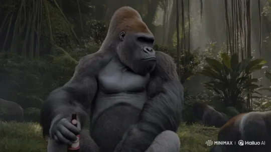 Silverback Gorilla Calmly Drinks Beer in Jungle Setting – AI Generated Video | Hailuo AI