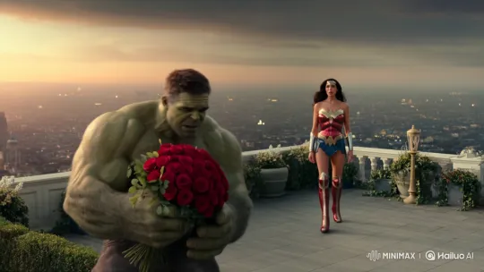 Hulk Gently Greets Wonder Woman with Flowers on Rooftop at Sunset – AI Generated Video | Hailuo AI