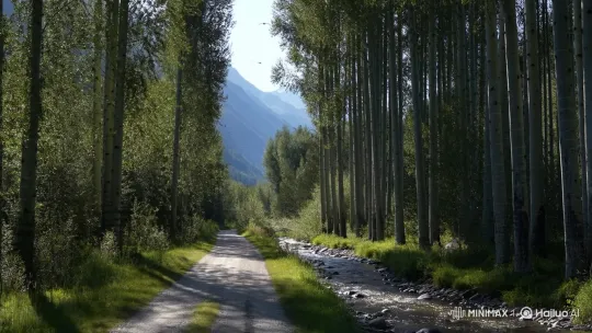 Tranquil Forest Road with Stream and Birds – AI Generated Video | Hailuo AI