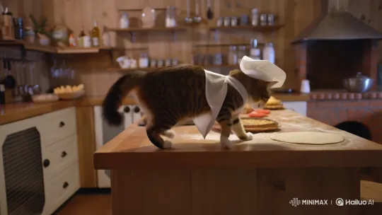 Cat Chef Skillfully Makes Pizza in Detailed 8k Kitchen Scene – AI Generated Video | Hailuo AI