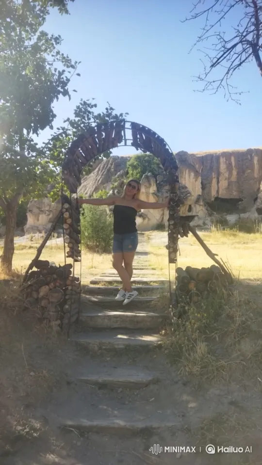 Couple Embraces Under Wooden Arch in Sunny Landscape – AI Generated Video | Hailuo AI