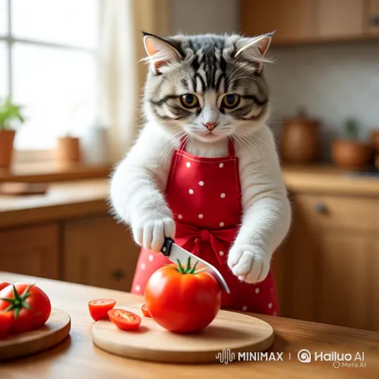 Charming Cat Slices Tomato in Kitchen – AI Generated Video | Hailuo AI