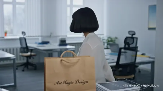 Russian Woman Presents 'ArtMagic Design' Bag in Office – AI Generated Video | Hailuo AI