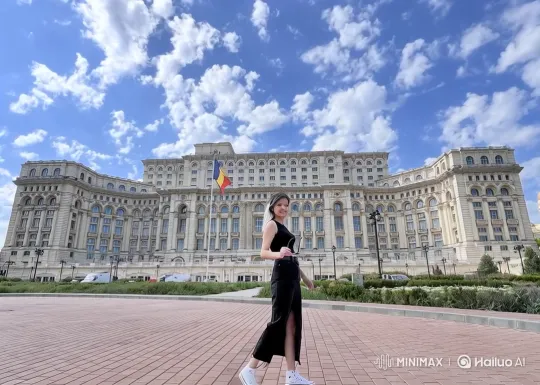 Young Couple Embraces in Front of Grand Building – AI Generated Video | Hailuo AI