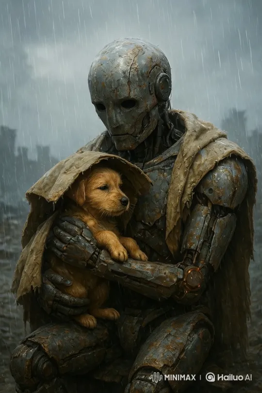 Robot Protects Puppy in Post-Apocalyptic Downpour – AI Generated Video | Hailuo AI