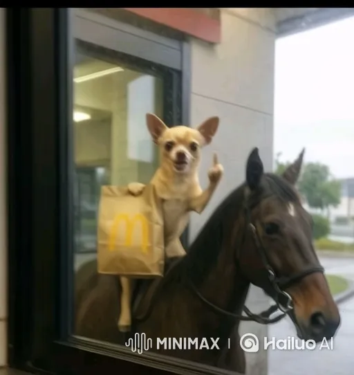 Chihuahua and Horse Dance Synchronized at Drive-Thru – AI Generated Video | Hailuo AI