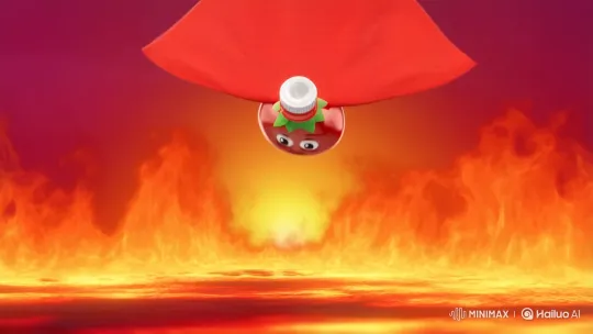 Cızzmen: Ketchup Mascot Flies Through Flames Presenting Delicious Foods – AI Generated Video | Hailuo AI