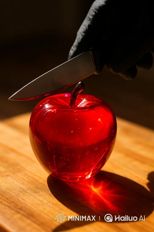 Red Glass Apple: Captivating Macro with Knife Suspense – AI Generated Video | Hailuo AI