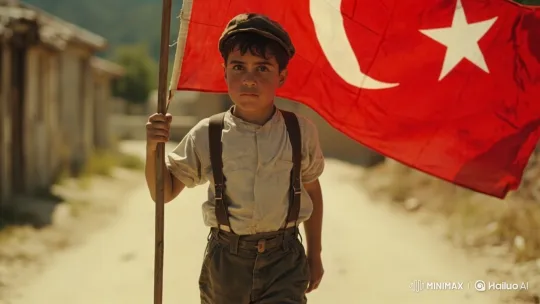 Boy Walking with Flag: Cinematic Slow Motion Tracking Shot – AI Generated Video | Hailuo AI