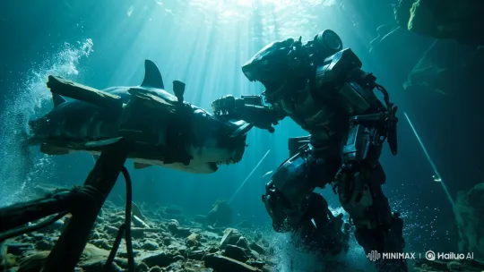 Underwater Mech Falls and Stirs Seabed Sediment – AI Generated Video | Hailuo AI