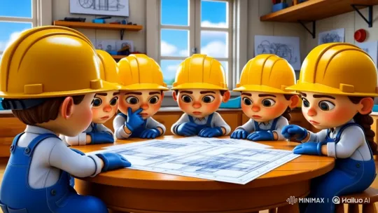 Creative Workshop: Cartoon Workers Study Blueprints – AI Generated Video | Hailuo AI