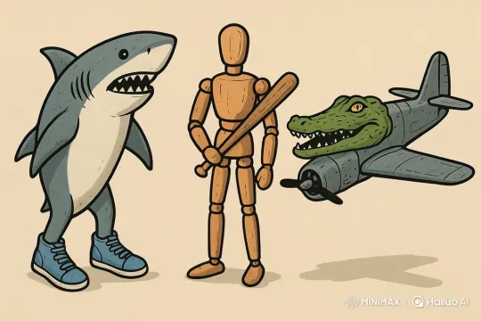 Animated Oddity: Shark, Mannequin, and Plane Prepare for Confrontation – AI Generated Video | Hailuo AI