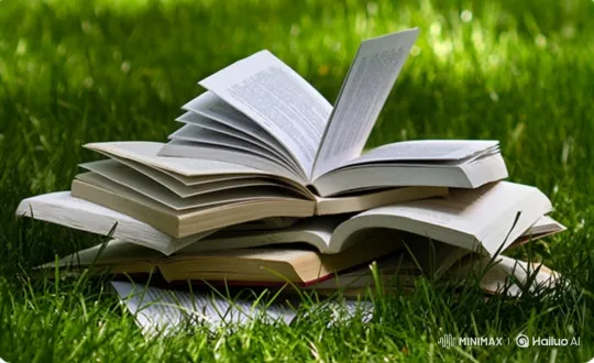 Tranquil Lawn Scene with Fluttering Book Pages – AI Generated Video | Hailuo AI