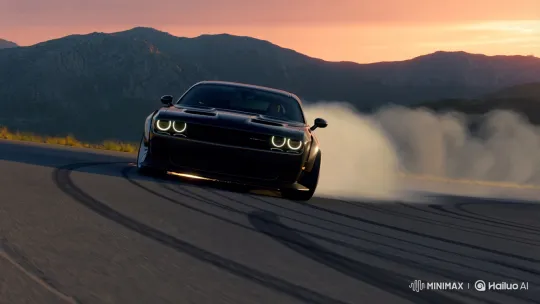 Black Dodge Challenger Hellcat Drifts in Slow Motion at Sunset – AI Generated Video | Hailuo AI