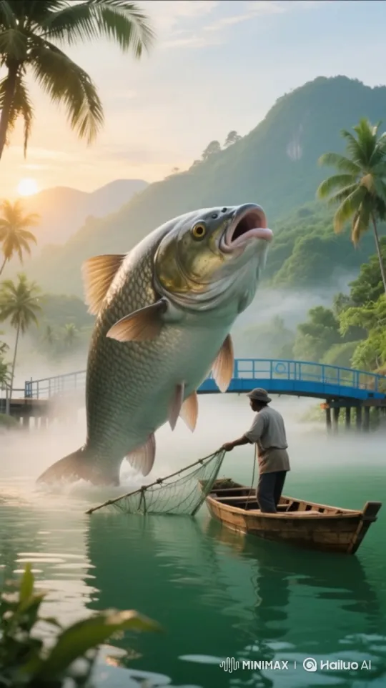 Misty Lake Sunrise with Fisherman and Giant Leaping Fish – AI Generated Video | Hailuo AI