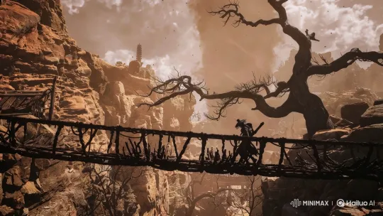 Lone Warrior Defeats Dragons on Cliffside Bridge – AI Generated Video | Hailuo AI