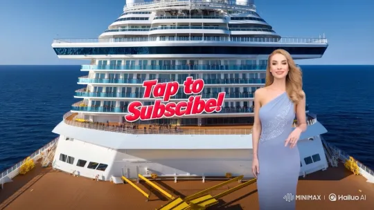 Elegant Lady on Cruise Ship with Subscribe Overlay – AI Generated Video | Hailuo AI