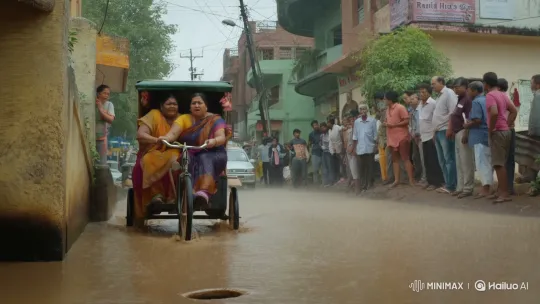 Indian Ladies Fall into Flooded Street After Rickshaw Hits Pothole – AI Generated Video | Hailuo AI