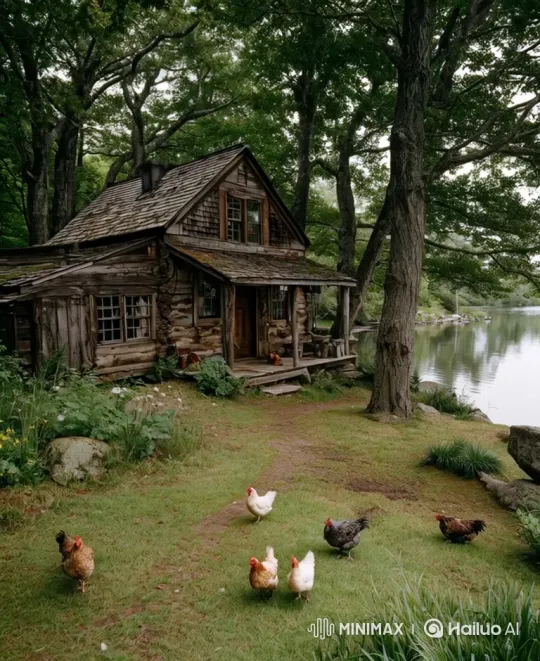 Giant Chicken Meets Giant Fish at Rustic Cabin – AI Generated Video | Hailuo AI