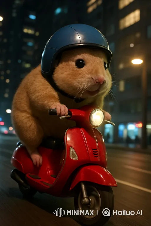 Golden-Hamster Scooter Rider in Nocturnal City Chase – AI Generated Video | Hailuo AI