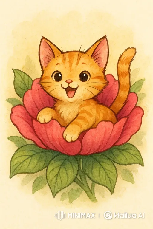 Animated Orange Tabby Kitten in Watercolor Flower Garden – AI Generated Video | Hailuo AI