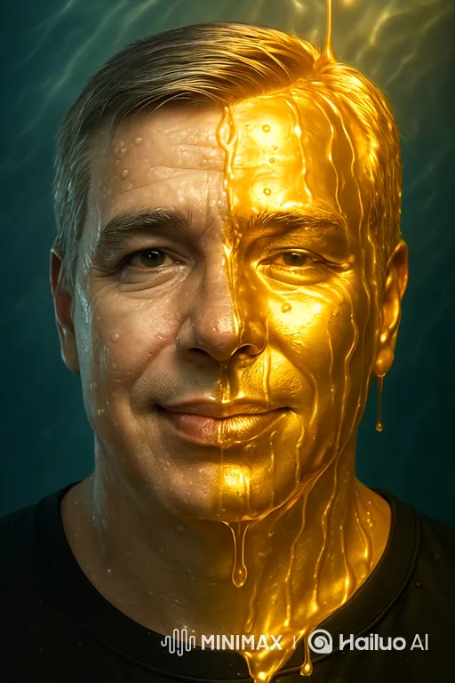 Golden Liquid Slowly Covers Man's Face – AI Generated Video | Hailuo AI