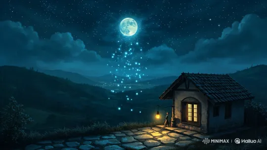 Enchanted Night: Moonlight, Cottage, and Gentle Rain – AI Generated Video | Hailuo AI