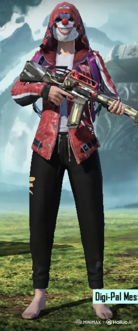 Disturbing Clown Figure with Assault Rifle in Hazy Landscape – AI Generated Video | Hailuo AI