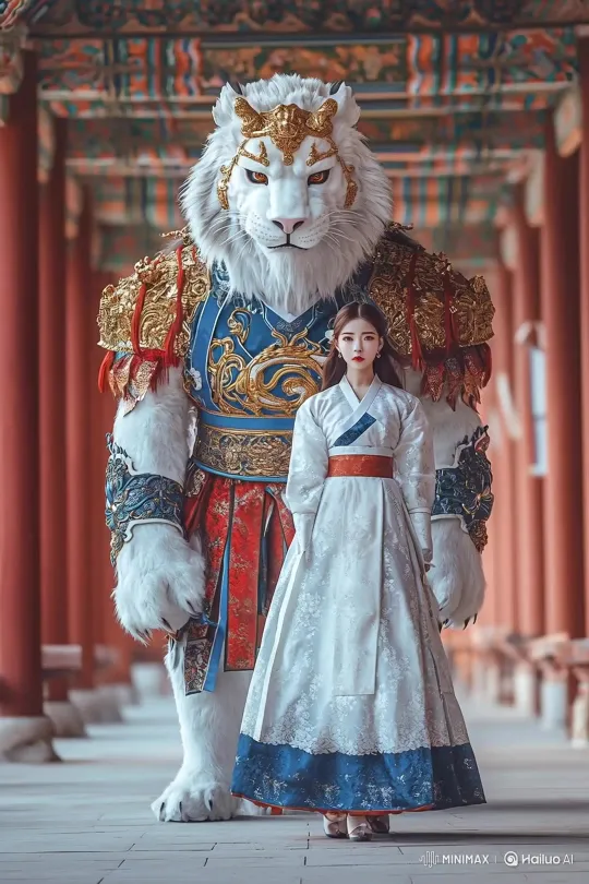 Korean Model in Patriotic Hanbok Walks with Majestic Tiger – AI Generated Video | Hailuo AI