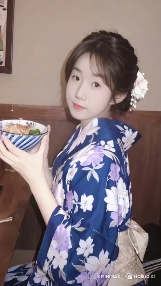 Young East Asian Woman in Traditional Dress Rises from Table – AI Generated Video | Hailuo AI