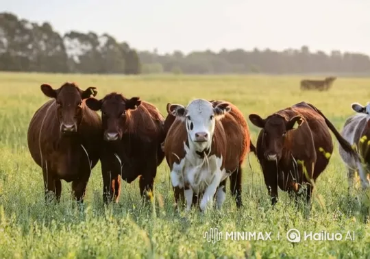 Calm Pasture Scene with Prominent White-Faced Cow – AI Generated Video | Hailuo AI