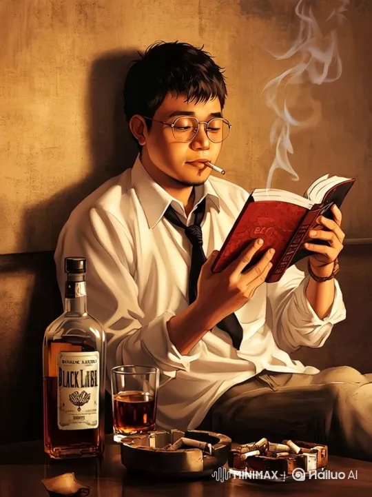 Young Man Deeply Reads Amidst Smoke and Whiskey – AI Generated Video | Hailuo AI
