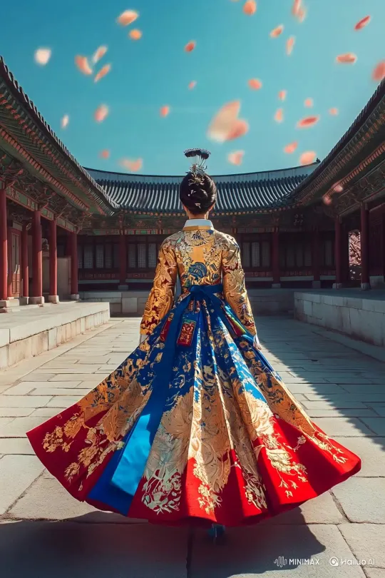 Korean Models in Hanboks Strut with a Peacock Amidst Arirang Music – AI Generated Video | Hailuo AI