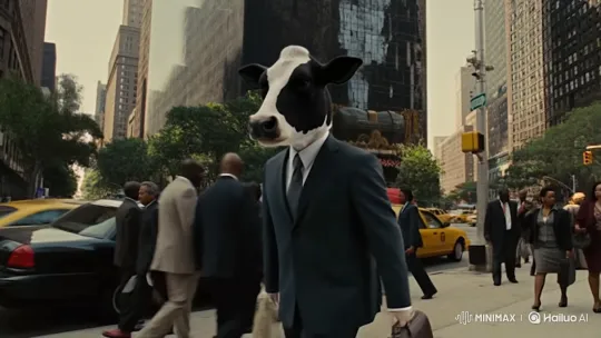 Businessman with Cow Head Strolls Through City Rush Hour – AI Generated Video | Hailuo AI