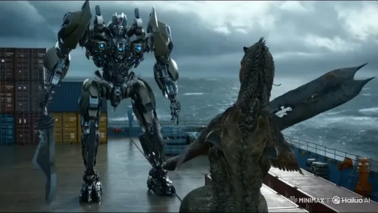 Theronosaurus Battles Transformer on Stormy Sea – AI Generated Video | Hailuo AI