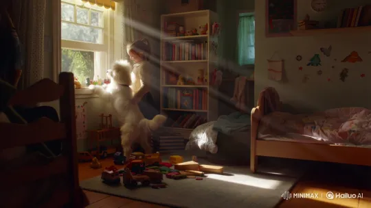 Young Girl and Her Dog Enjoy a Sunlit Moment – AI Generated Video | Hailuo AI