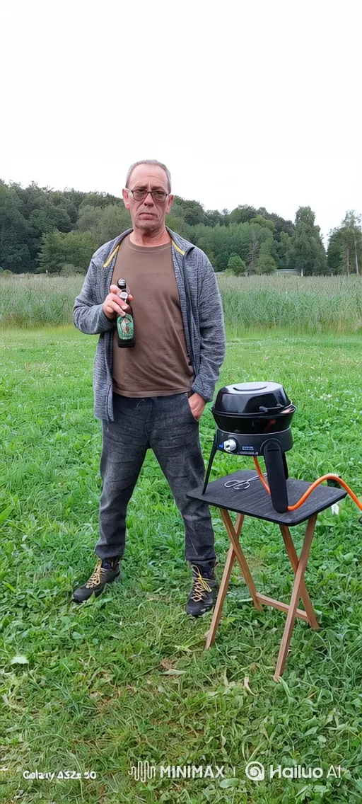 Man Grills Meat, Enjoying His Beer in a Field – AI Generated Video | Hailuo AI