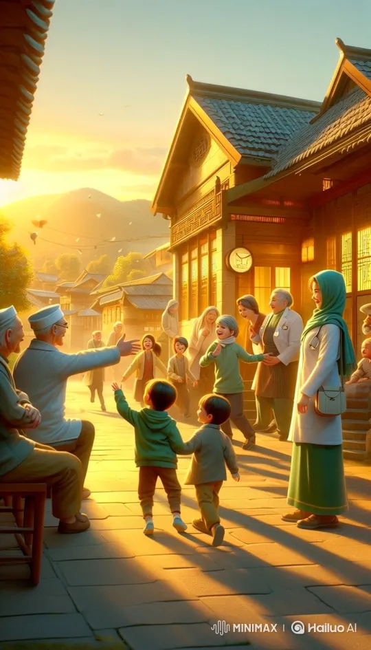Community Celebrates Local Hospital Amidst Evening Glow – AI Generated Video | Hailuo AI