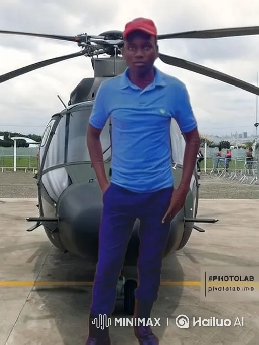 Young Black Man Poses by Helicopter on Airfield – AI Generated Video | Hailuo AI
