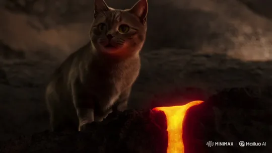 Domestic Cat Cautiously Licks Molten Lava – AI Generated Video | Hailuo AI