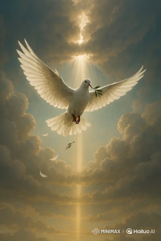 Descending Dove Amidst Heavenly Clouds and Radiant Light – AI Generated Video | Hailuo AI