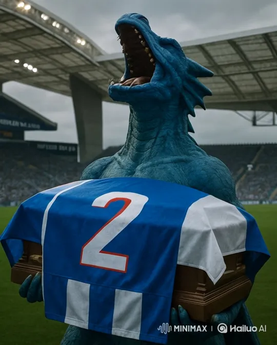 Blue Dragon Mascot Mourns with Coffin at Stadium – AI Generated Video | Hailuo AI