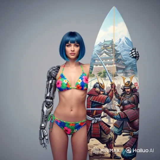 Woman with Robotic Arm Strokes Surfer Board Art – AI Generated Video | Hailuo AI