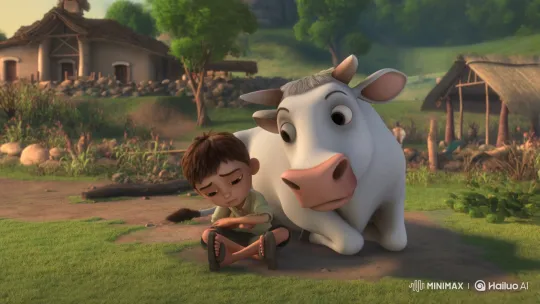 Boy Finds Comfort in Friendship with White Cow – AI Generated Video | Hailuo AI