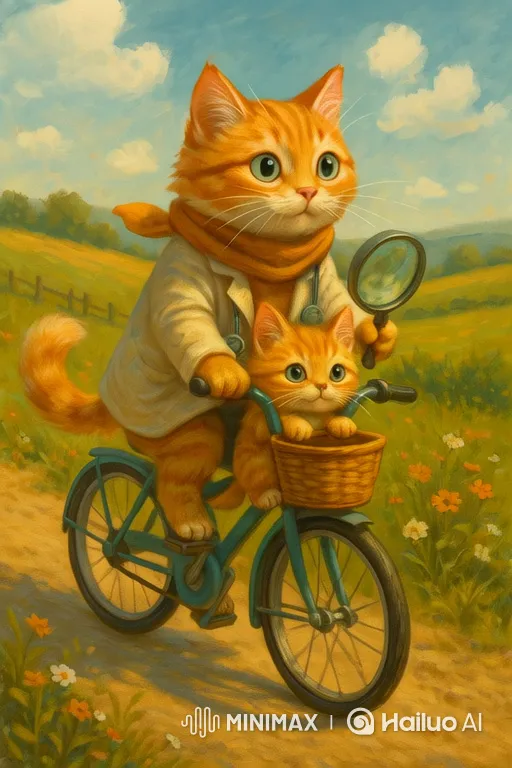 Orange Tabby Cat Joyfully Rides Bicycle with Kitten – AI Generated Video | Hailuo AI