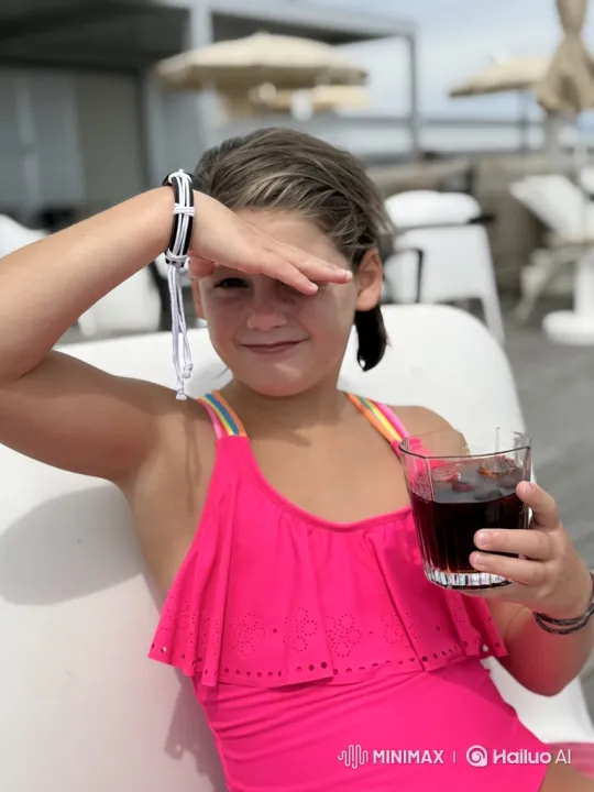 Young Girl Sings Joyfully on Beachside Lounge Chair – AI Generated Video | Hailuo AI