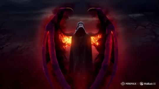Mysterious Figure Unfurls Fiery Wings in Stormy Landscape – AI Generated Video | Hailuo AI