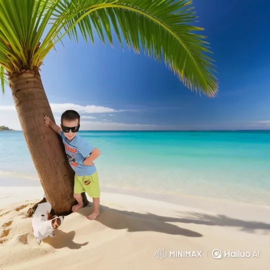 Young Boy and Dog Enjoying a Tropical Beach – AI Generated Video | Hailuo AI